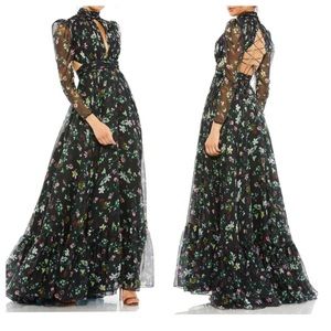 Mac Duggal Tie Back Floral Long Sleeve Dress